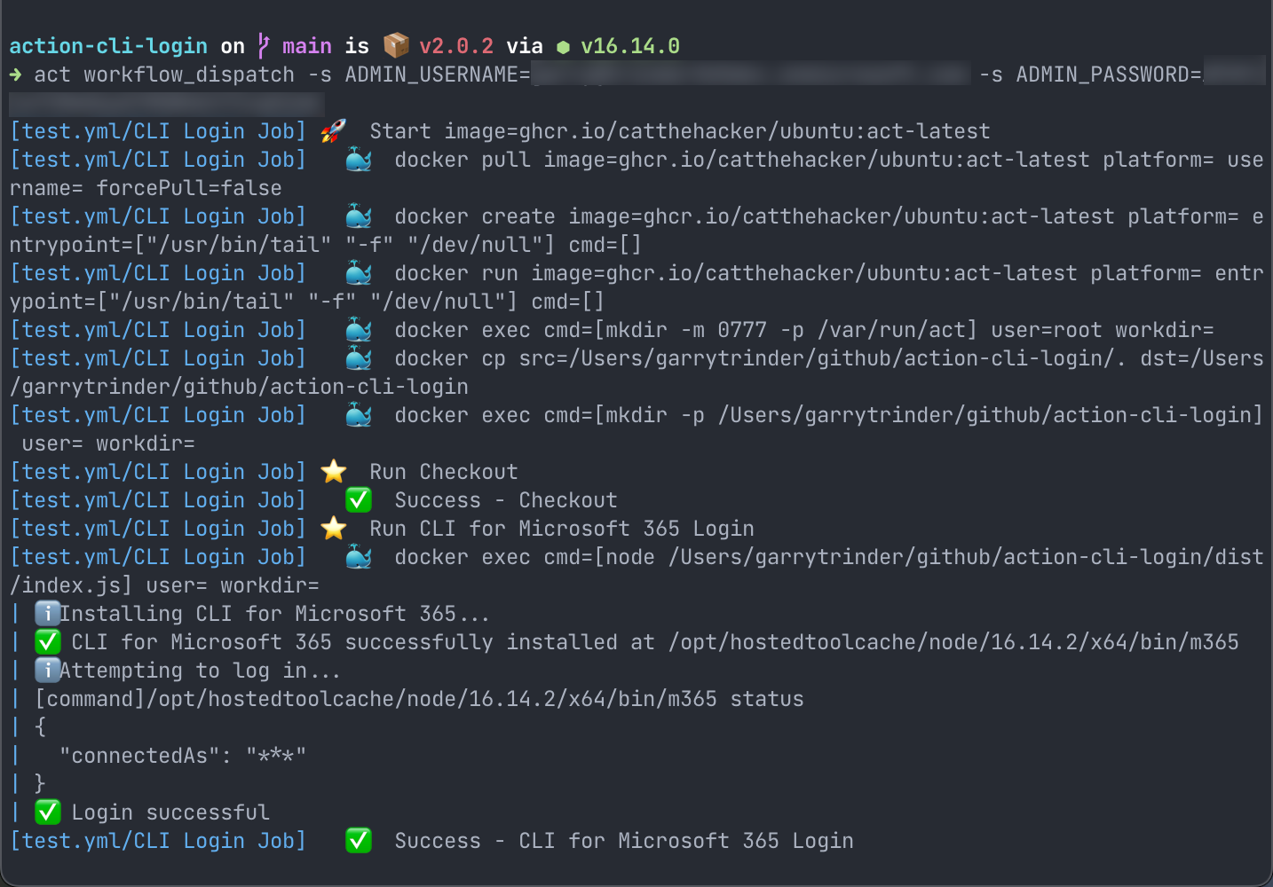 Terminal session showing the results of executing the above 