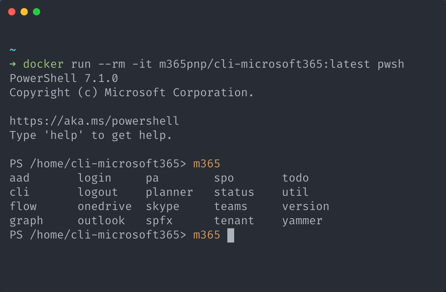 Terminal displaying a PowerShell interactive terminal session inside a docker container using m365pnp/cli-microsoft365:latest image, the prompt is displaying command completion options for m365 command