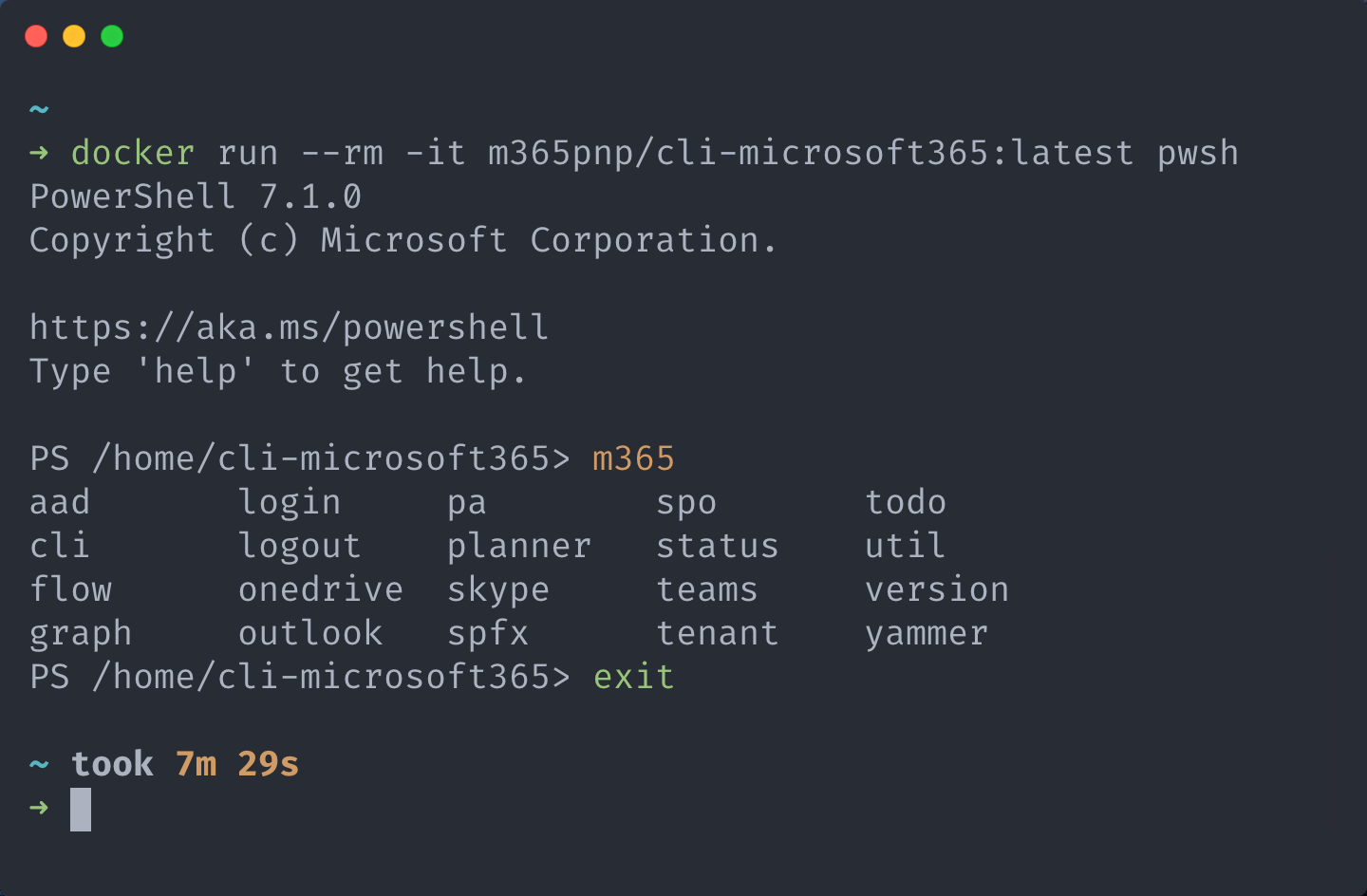 Terminal displaying a PowerShell interactive terminal session inside a docker container using m365pnp/cli-microsoft365:latest image, the prompt is at the host machine level after exit has been executed inside the container