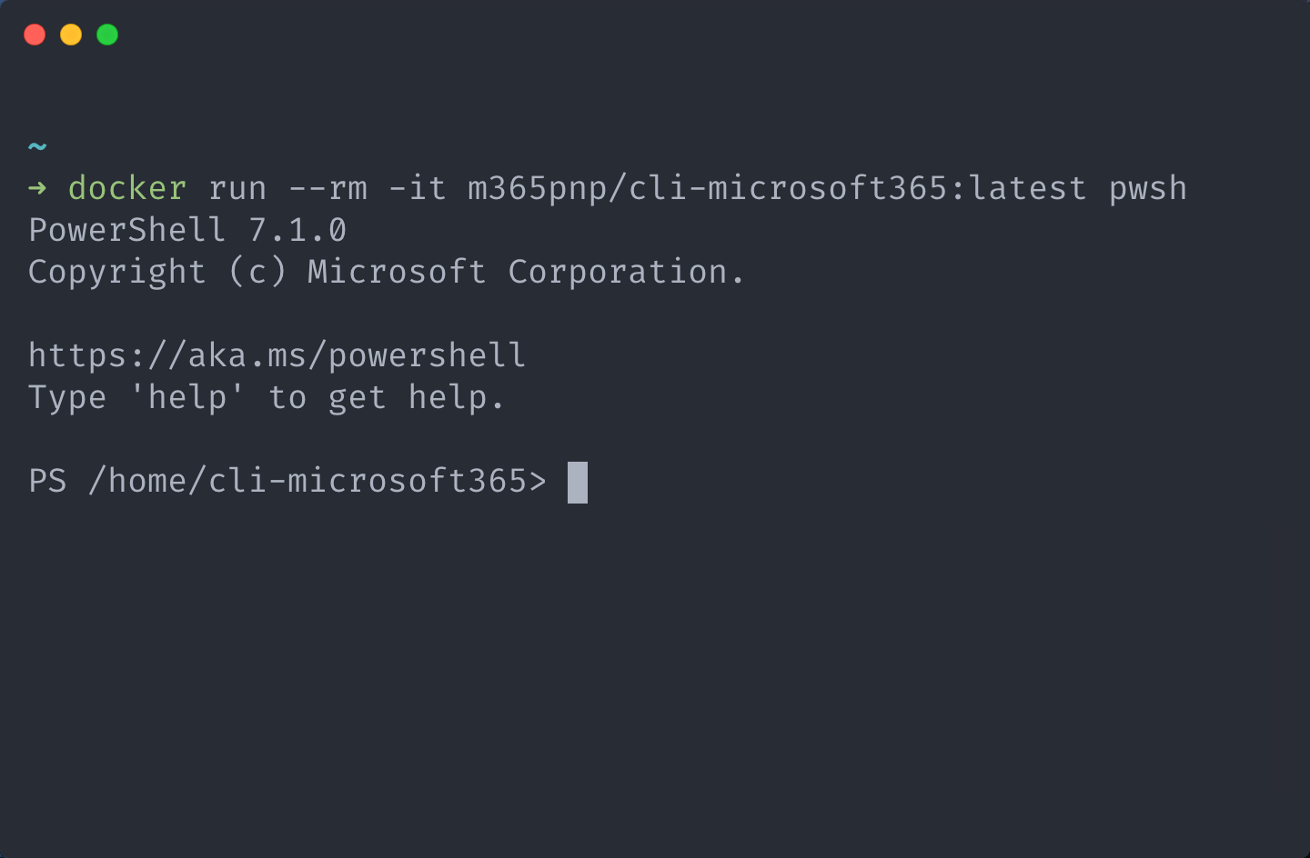 Terminal displaying a PowerShell interactive terminal session inside a docker container using m365pnp/cli-microsoft365:latest image